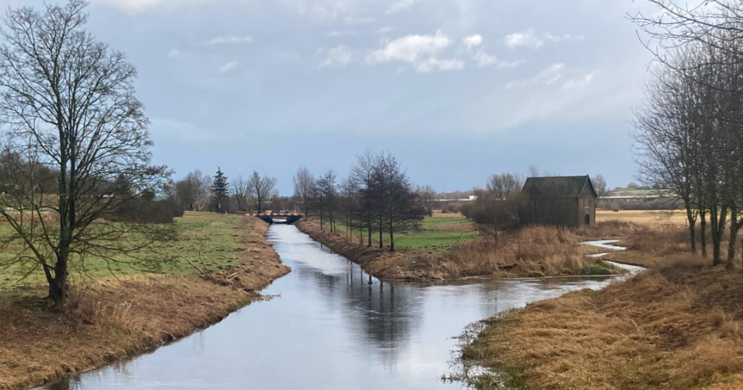 Foto der Tollense bei Klempenow. Sie zweigt in einen schmalen Nebenarm ab, auf der einen Seite ist eine flache Brücke erkennbar, auf der anderen ein Haus, auf beiden Seiten jeweils kahle Bäume.