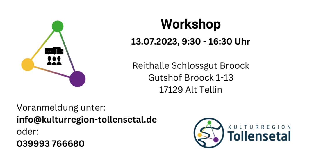 Links: Drei farbige Linien bilden aus drei Punkten (Lila = Kultur, Grün = naturnaher Tourismus, Gelb = Gastronomie/Beherbergung) ein schräges Dreieck in dessen Mitte drei Personen mit Sprechblasen. Daneben der Text "Workshop 13.07.2023, 9:30 - 16:30 Uhr Reithalle Schlossgut Broock Gutshof Broock 1-13 17129 Alt Tellin" Darunter Text: "Voranmeldung unter: info@kulturregion-tollensetal.de oder: 039993 766680" Rechts unten das Logo der Kulturregion Tollensetal
