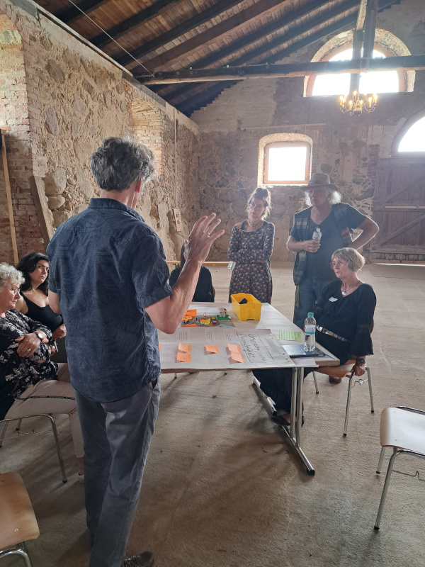Foto einer Präsentation eines Sprints, um einen großen Tisch auf dem die dazugehörigen Materialien liegen.