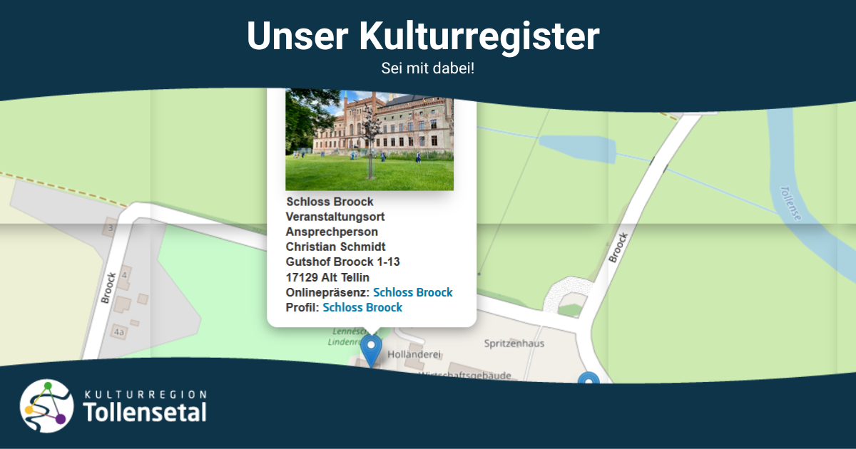 Grafik des Kulturregisters, zwei Wellen umranden einen Ausschnitt er digitalen Karte mit dem Pop-Up von Schloss Broock aktiv. Überschrift: "Unser Kulturregister" Untertitel "Sei mit dabei!"